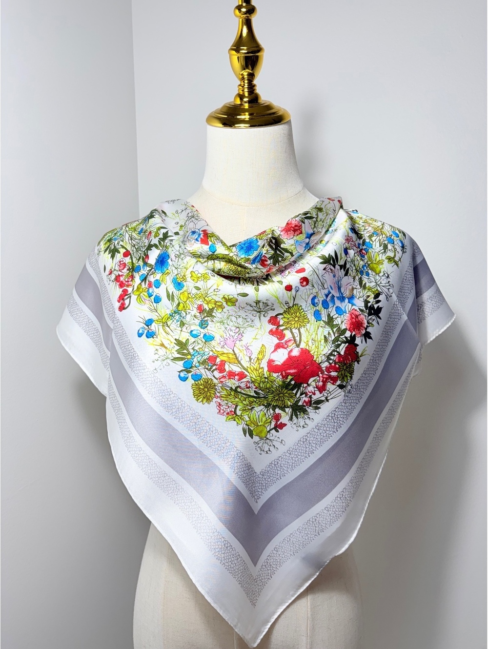 Elegant Floral Square Scarf in Satin Polyester, 68cm x 68cm, Vibrant Red, Blue,